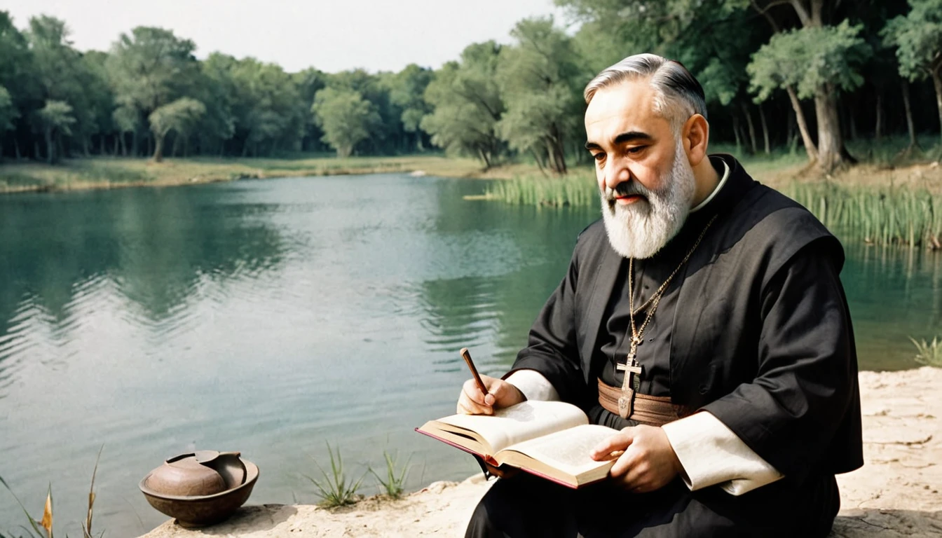 Padre Pio sitting by a lake reading a book, biblical style