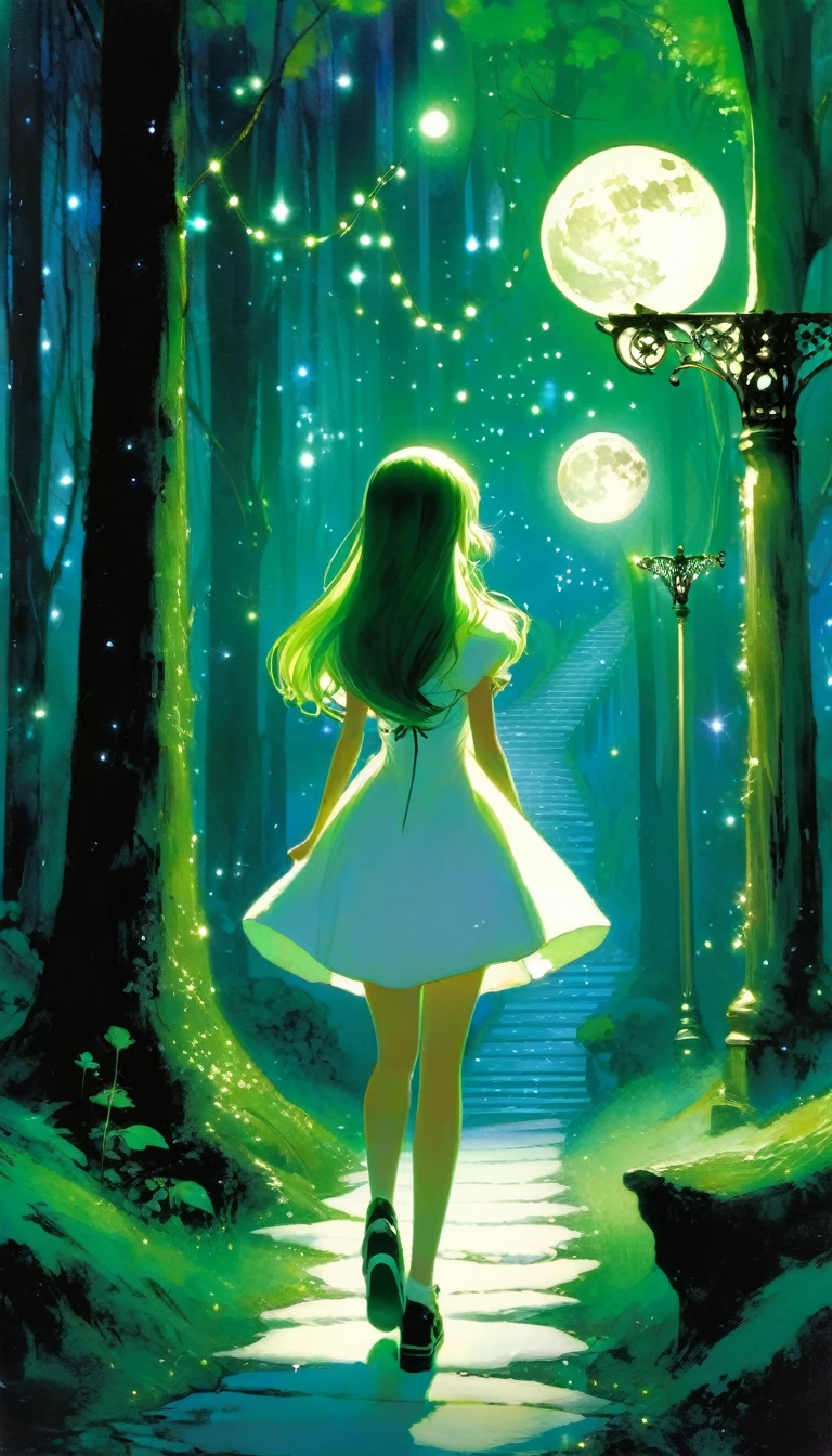 {green and white theme, fantasy world}, 1girl, solo, alone, white one piece dress, looking back, walking through forest, house, tree, lamppost, moon, starry sky, sparkling, star\(symbol\), pixiev, pixiv art, masterpiece, best quality, ultra detailed, whitetown,(art inspired by Bill Sienkiewicz). oil painting)
