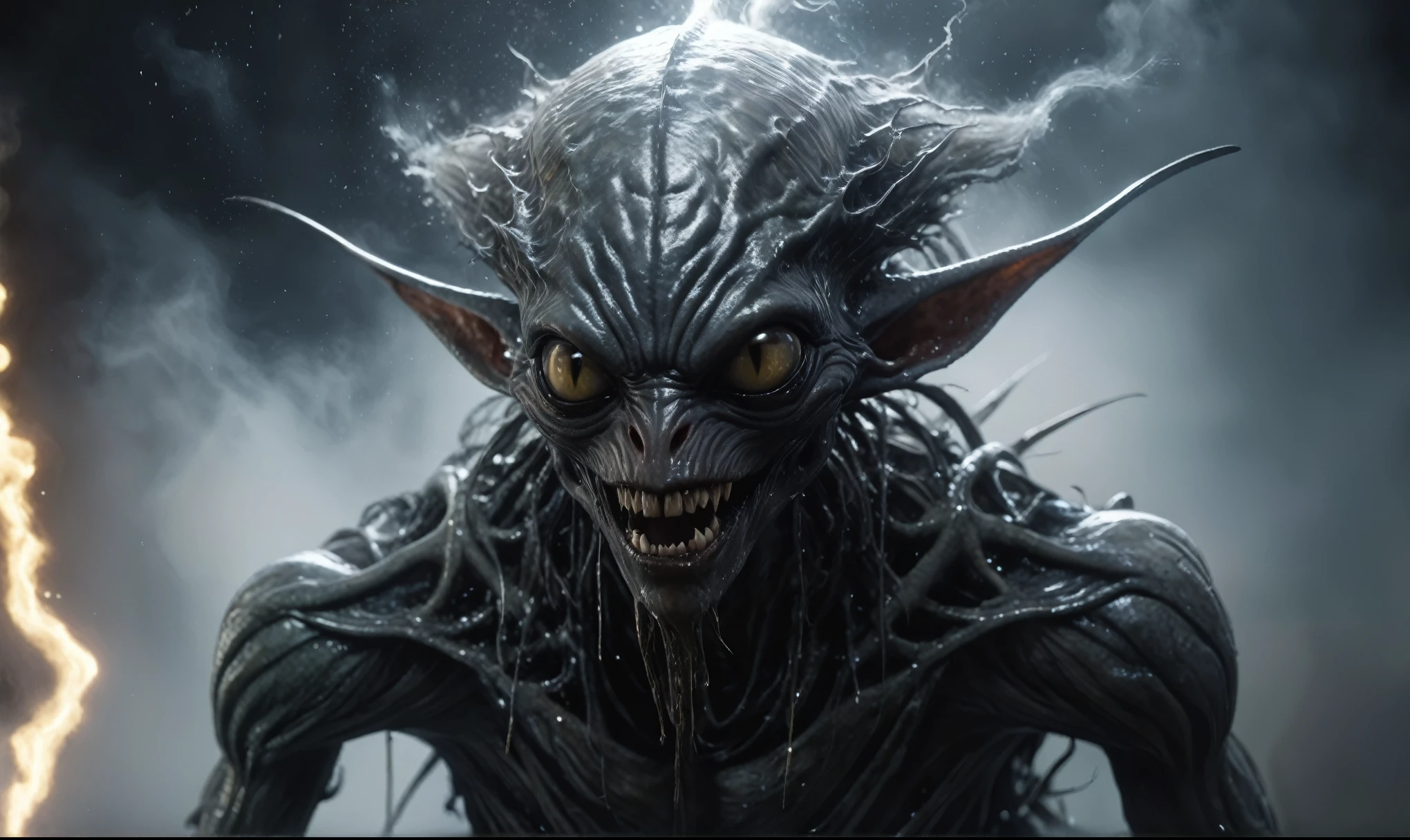 full body length,niobium goblin,native africa xenomorph,once pretty face,eyebrow up,full body shot,ominous landscape,niobium gray atmosphere,photo,photorealism,Masterpiece,natural skin textures, hyper realism,hyper detailed,High contrast,Realism,Ultra Detailed,irina yermolova,close full body shot,32K resolution,Nikon Z9, ,demonic, dust, smoke, audience, mist, featuring ultra-realistic and hyper-realistic elements,
  Marta Bevacqua, Ellen Jewett, Kawacy, Katsuya Terada, Carne Griffiths, explosive lightning, sparks, concert lighting,  bokeh,  luminal space that feels
 both bright and surreal. Includes liquid fluid elements for added depth and movement. Rendered in an unreal 
engine and post-processed to achieve . Evokes a sense of dreamy, ethereal 
and mystical mood,horror pixar movie still,thriller disney movie ,pixar render, animated 