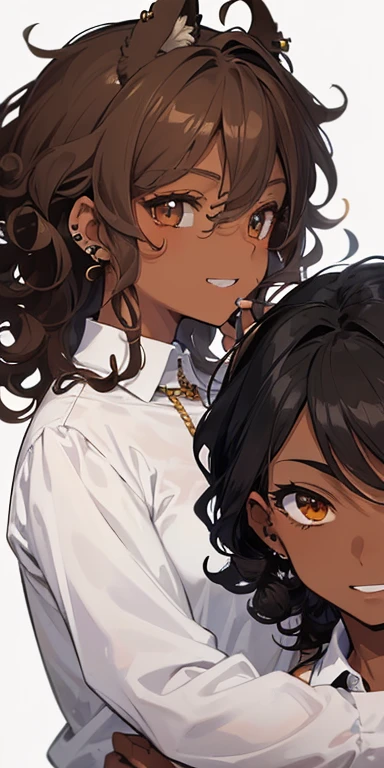 ((masterpiece)), ((Best quality)), ((anime profile style)), ((dark skin)), 22 , ((Light brown eyes)), ((ideal)), eyebrow, Nose, ear, ((ear piercing)), mouth, smile, ((teeth showing)), ((Curly hair)), neck, shoulders, ((White long shirt)), Background