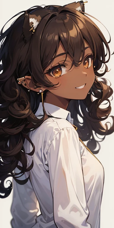 ((masterpiece)), ((Best quality)), ((anime profile style)), ((dark skin)), 22 , ((Light brown eyes)), ((ideal)), eyebrow, Nose, ear, ((ear piercing)), mouth, smile, ((teeth showing)), ((Curly hair)), neck, shoulders, ((White long shirt)), Background