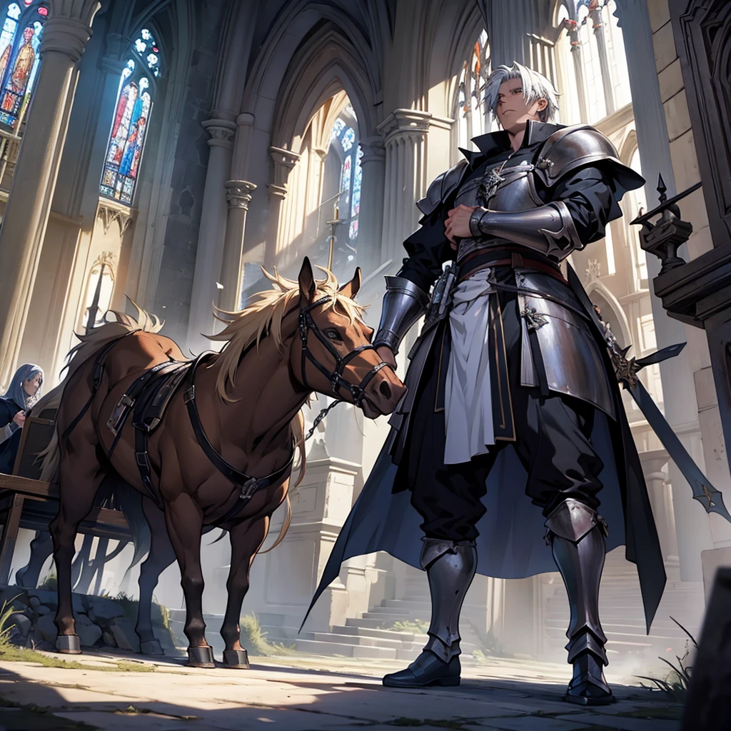 Anime fight, fighting knights, epic battle, in gothic church, super detailed 