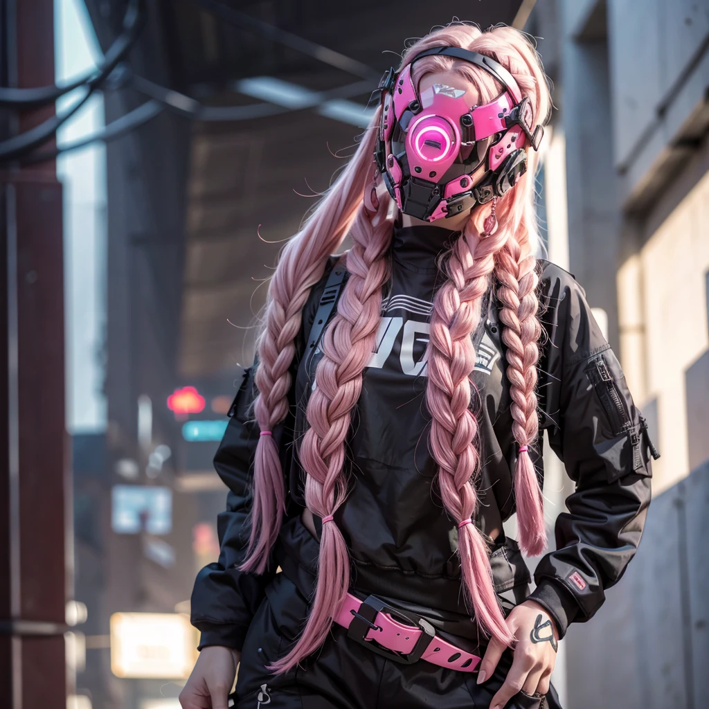 1girl, long pink braided hair, cyber helmet, sexy black tank top, cyber body, white cargo pants, mouth mask, covered mouth, pale skin, Blur background, 8K, Hi-Res