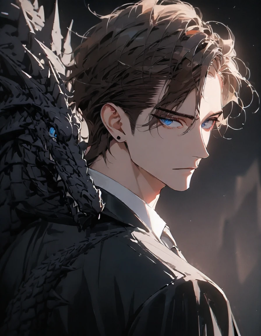 portrait. Half body.look back. A man in a suit has his back to the camera. handsome,Dark portrait. 8K quality., Raw Work, (brown hair),(blue eyes), (Black suit), (background: great black dragon)