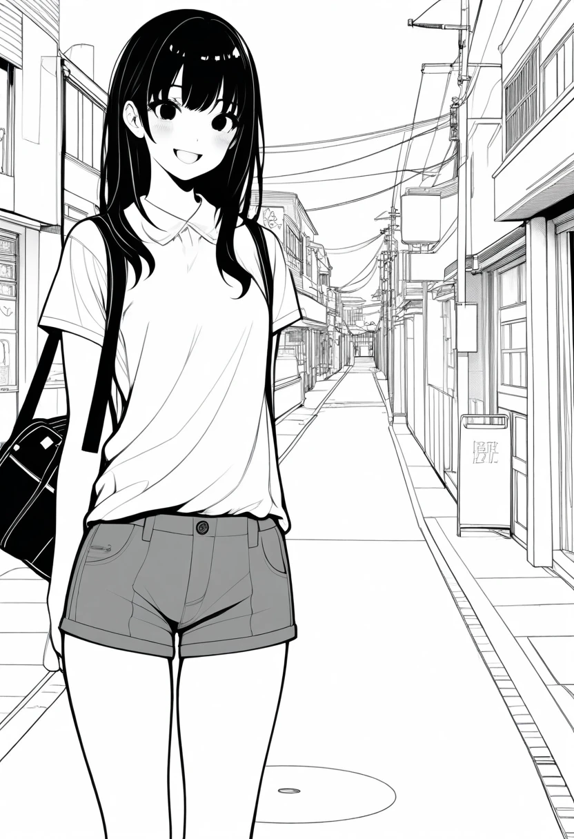​masterpiece, best quality, jyt 1girl, grayscale, style: manga, japanese, chi no wadachi, black eyes, street, iced, black hair, schoolbag, smile, lineart, white background, white shirt, grey shorts,

