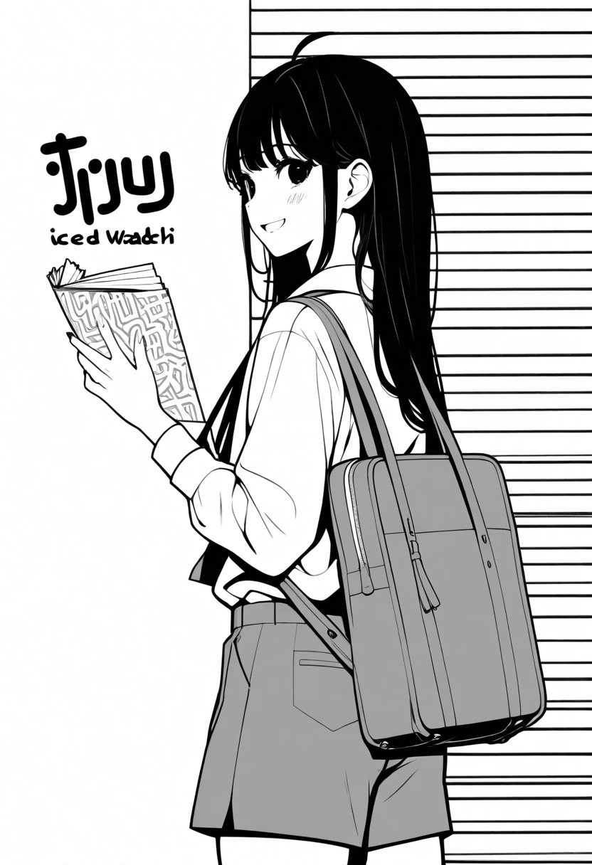masterpiece, best quality, jyt 1girl, grayscale, style: manga, japanese, chi no wadachi, black eyes, street, iced, black hair, schoolbag, smile, lineart, white background, white shirt, grey shorts,
