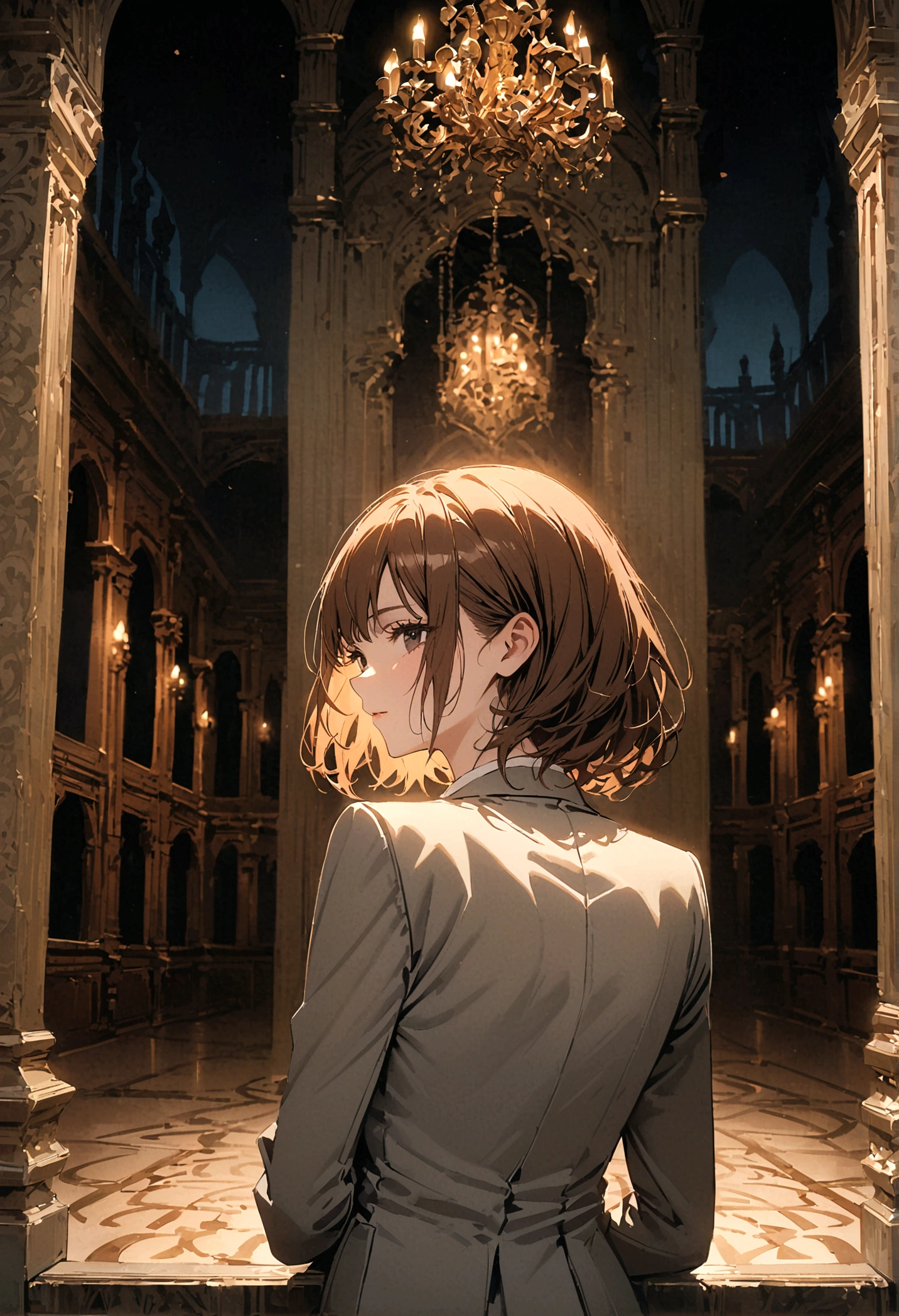 A woman with long brown hair and black eyes wearing a gray suit, her back turned half her face, stood alone in the middle of the palace at night.