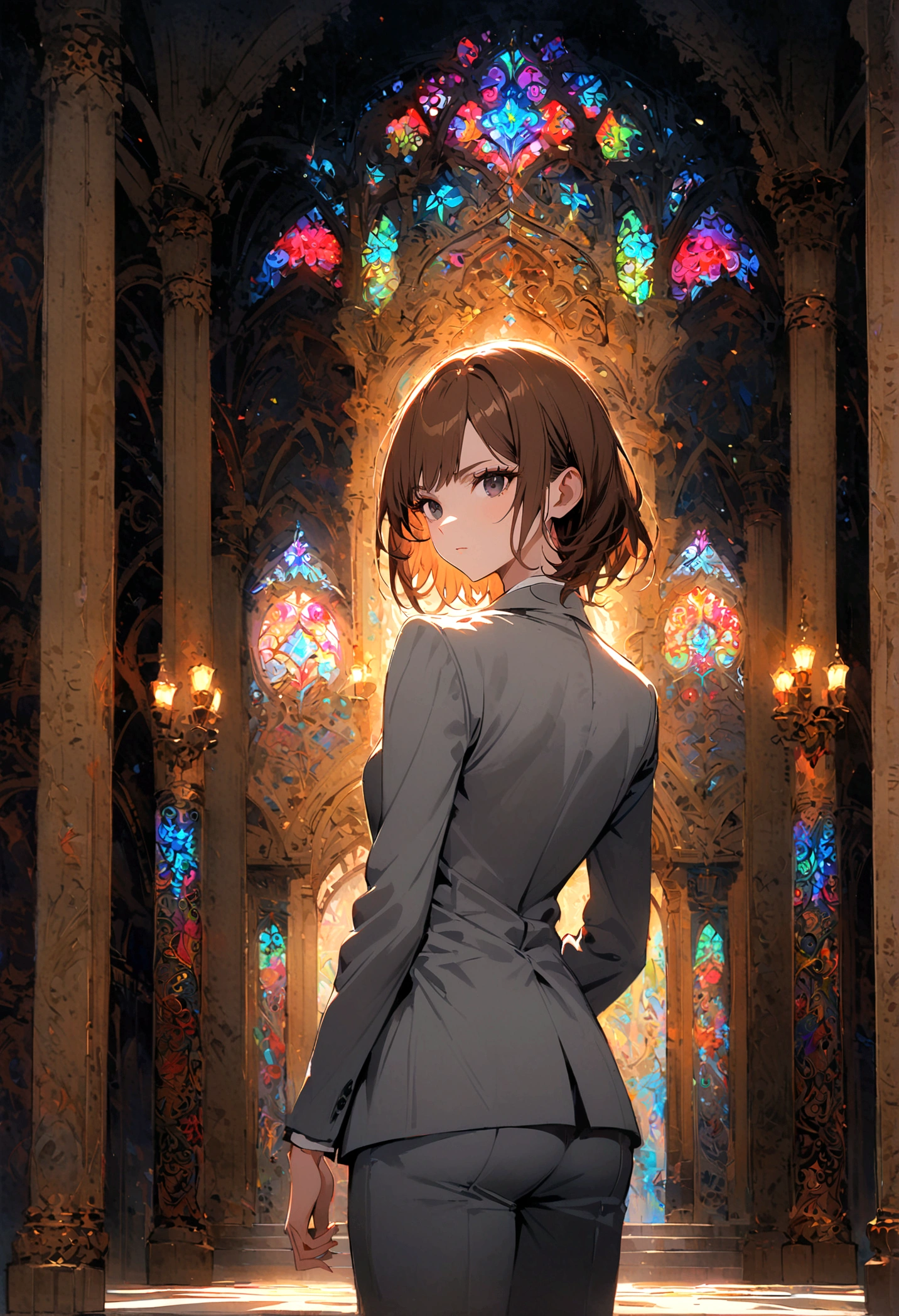 
A woman with long brown hair and black eyes wearing a gray suit, her back turned half her face, stood alone in the middle of the palace at night.