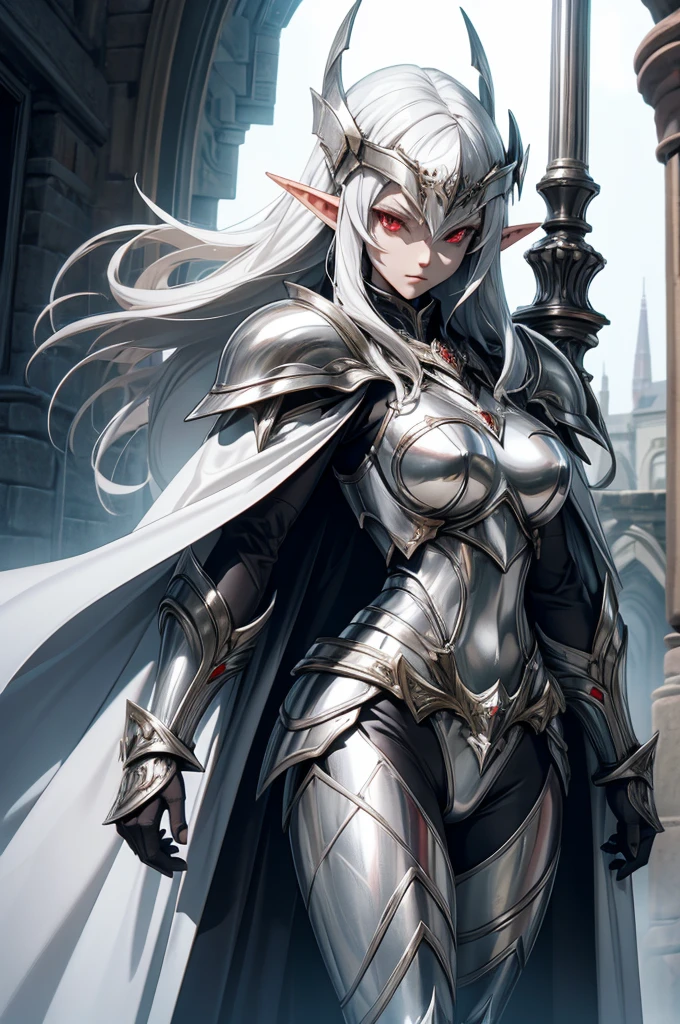 female elf knight, full body art, silver hair, white skin, red iris eye, knight full plate adorned armor, silver cape, perfectly detailed
