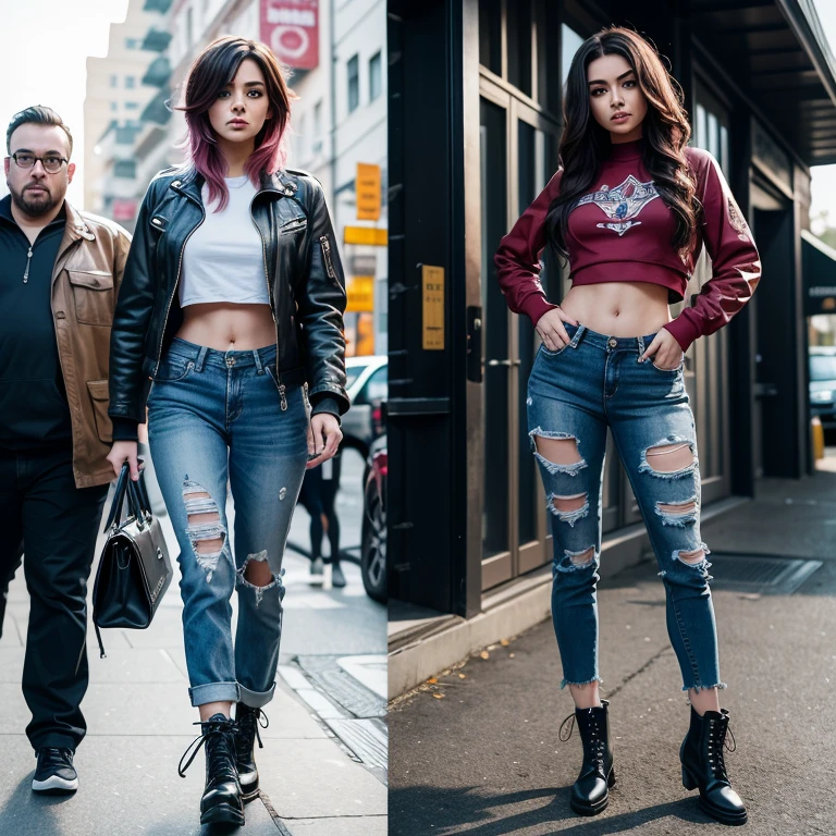 A front and back full body view of a female model in a punk-inspired outfit. The girl is depicted in a playful and vibrant manner, similar to the style shown in the reference image. She wears a High-waisted jeans with a crop top, flannel shirt, and combat boots. Her hair is styled in edgy punk manner, and she has a friendly and approachable expression. The front view shows her standing confidently, while the back view highlights the details of her outfit and hairstyle. The overall design is clean and colorful. Highly detailed, 8k, smooth, sharp focus, trending on artstation, digital painting, by Stanley Artgerm Lau, WLOP, Rossdraws, James Jean, Andrei Riabovitchev, Marc Simonetti, and Sakimichan, 