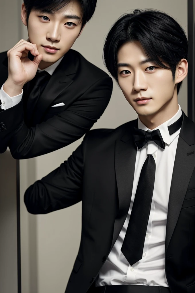 I want a Korean guy about 25 years old, pale skin, amber eyes, cabello negro, y con un traje negro I want a Korean guy about 25 years old, pale skin, amber eyes, cabello negro, corte de cabello librito, con un traje negro y Realista