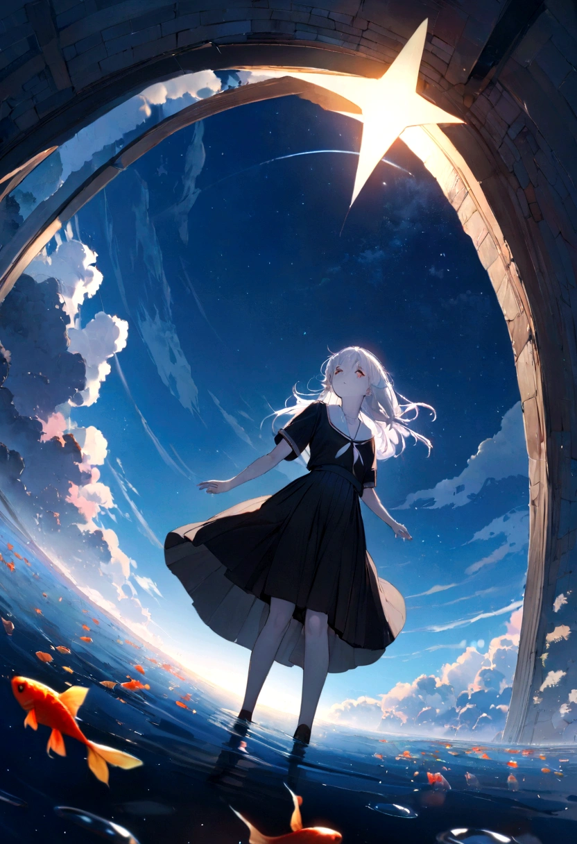 woman\(student, 15 years old, JK, Her short silver hair sways, Space-colored eyes, school black uniform, Pale skin, Tired face、Lack of eye sparkle\) Look up at the sky, Many cute goldfish with shining red scales are swimming in the air., Transparent foam, Like something in the water, Shining all over the sky., Beautiful sky, Beautiful Clouds, there are puddles at ground and the landscape is reflecting beautifully, Looking up at the wide sky from a narrow alley in the slums, Summer flowers are blooming everywhere, I see the wind blowing and shining, There is a noon moon and a noon star in the sky,From below, break ,quality\(8k,非常に精細なCGユニットのwallpaper, masterpiece,High resolution,top-quality,top-quality real texture skin,Surreal,Increase the resolution,RAW Photos,最高quality,Very detailed,wallpaper,Cinema Lighting,Ray Tracing,Golden Ratio\),(Long Shot),landscape,