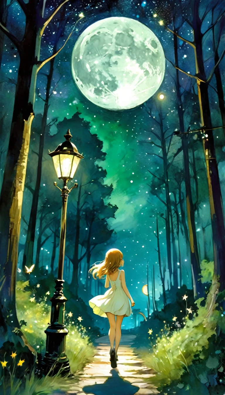 {green and white theme, fantasy world}, 1girl, solo, alone, white one piece dress, looking back, walking through forest, house, tree, lamppost, moon, starry sky, sparkling, star\(symbol\), pixiev, pixiv art, masterpiece, best quality, ultra detailed, whitetown,(art inspired by Bill Sienkiewicz). oil painting)