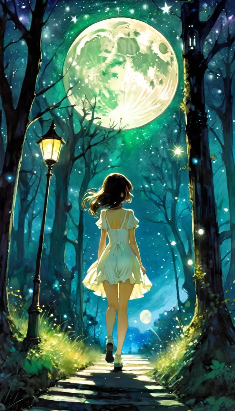 {green and white theme, fantasy world}, 1girl, solo, alone, white one piece dress, looking back, walking through forest, house, tree, lamppost, moon, starry sky, sparkling, star\(symbol\), pixiev, pixiv art, masterpiece, best quality, ultra detailed, whitetown,(art inspired by Bill Sienkiewicz). oil painting)