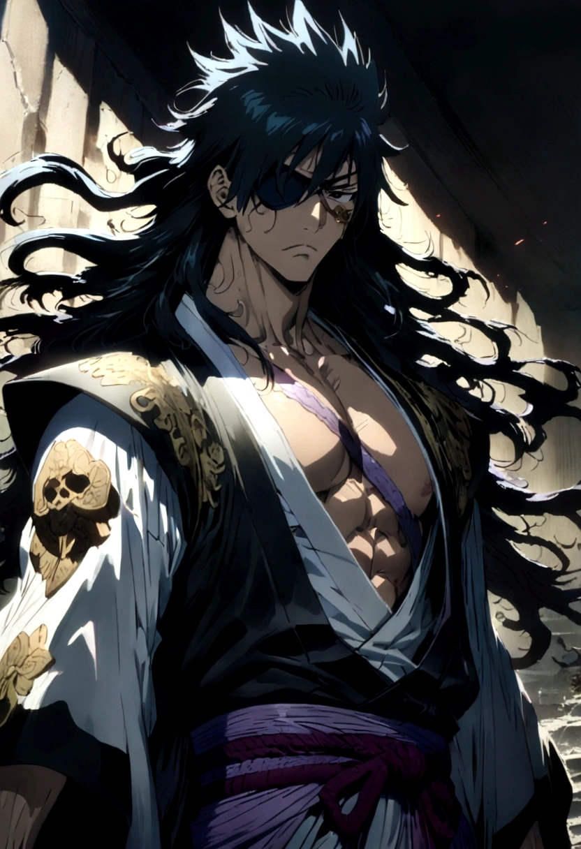 source_anime, 1boy, Zaraki Kenpachi, "BLEACH", solo, male focus, weapon, outdoor, serious, black hair, long hair, spiked hair, japanese clothes, open kimono, pectorals, wide sleeves, (covered eyes, eye patch), anime screenshot, anime screencap, anime coloring, dramatic composition, cinematic lighting, (masterpiece, best quality, Professional, perfect composition, very aesthetic, absurdres, ultra-detailed, intricate details:1.3)