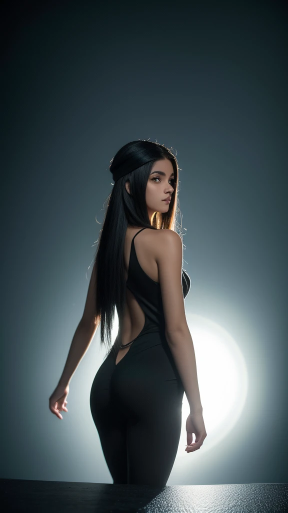 A 13-year-old with fair, long skin, cabelo preto liso. olhos grandes e escuros , with an intense and enigmatic expression. wearing the orphan movie clothing style, com um toque mais elegante e sofisticado, algo que combine com sua personalidade misteriosa e forte. Geral, your appearance would be stunning, atraindo olhares curiosos e intrigados. peito achatado, cinematic lighting, Chromatic aberration, backlight, Obra de arte, detalhes altos, alta qualidade, 4K, mostrando bunda nua.