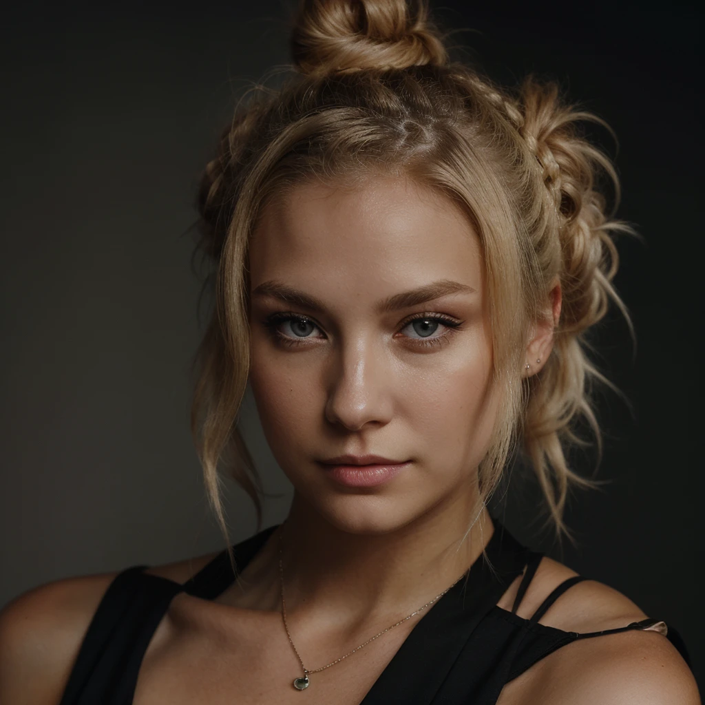 an eye contact of a blond with bun hair and dark theme