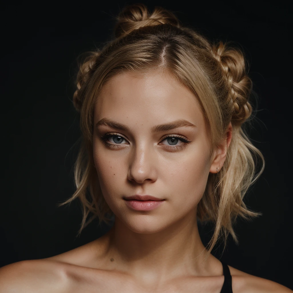 an eye contact of a blond with bun hair and dark theme