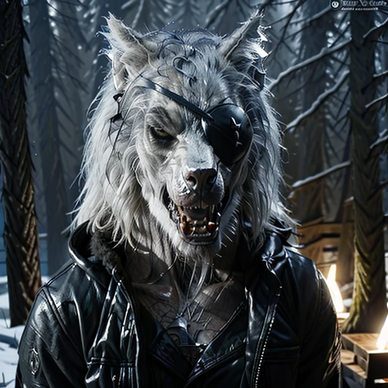 a close up of a Wolf wearing an eye patch, scary wolf, intimidating, full moon, in the woods, 