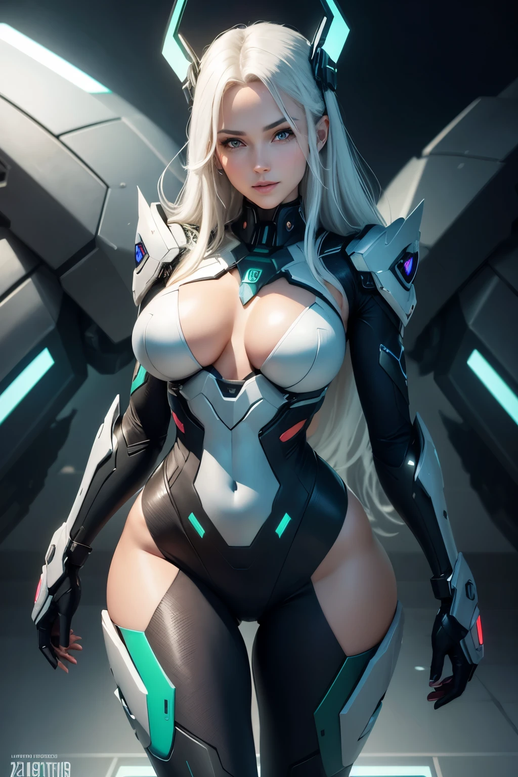 hdr, 2k, 4k, 8k, masterpiece, highres, detailed, plush lips, glow, detailed reflections, 1girl, solo, slim, athletic body, tan color skin, detailed blue eyes, long hair, gradient white hair, perfect hands, perfect fingers, perfect legs, perfect eyes, {perfect detailed eyes},{beautiful detailed face}, {adult face},{cute mature face},{age:25}, lower saturation,{symmetry}, cinematic, {medium breasts}, slim waist, slim legs, happy face, smiling, round buttocks, perfect body, looking horny, playful, lively mood, legs spread, very sexy, halo game, spartan suit, {dark green futuristic military suit}, {mecha suit glowing lights}, futuristic plasma sickle,