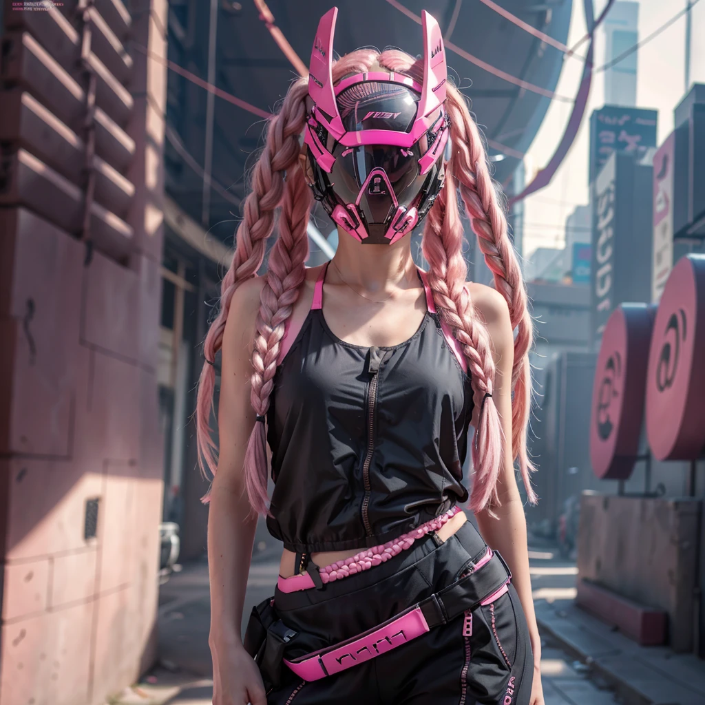 1girl, long pink braided hair, cyber helmet, sexy black tank top, cyber body, white cargo pants, mouth mask, covered mouth, pale skin, Blur background, 8K, Hi-Res