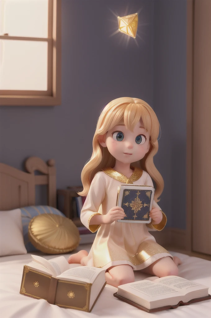 there is a with golden hair with beautiful and big brown eyes with white sparkles, she is in her room, while she is holding a book with a golden cover, she is sitting on the bed, and from the book emanates a golden light (( the book is magic)) the blue light emanates from the pages of the book, ((the blue light reflects on the little girl's face)), the book is color golden, is night and the only light is light from book, shiny light from book