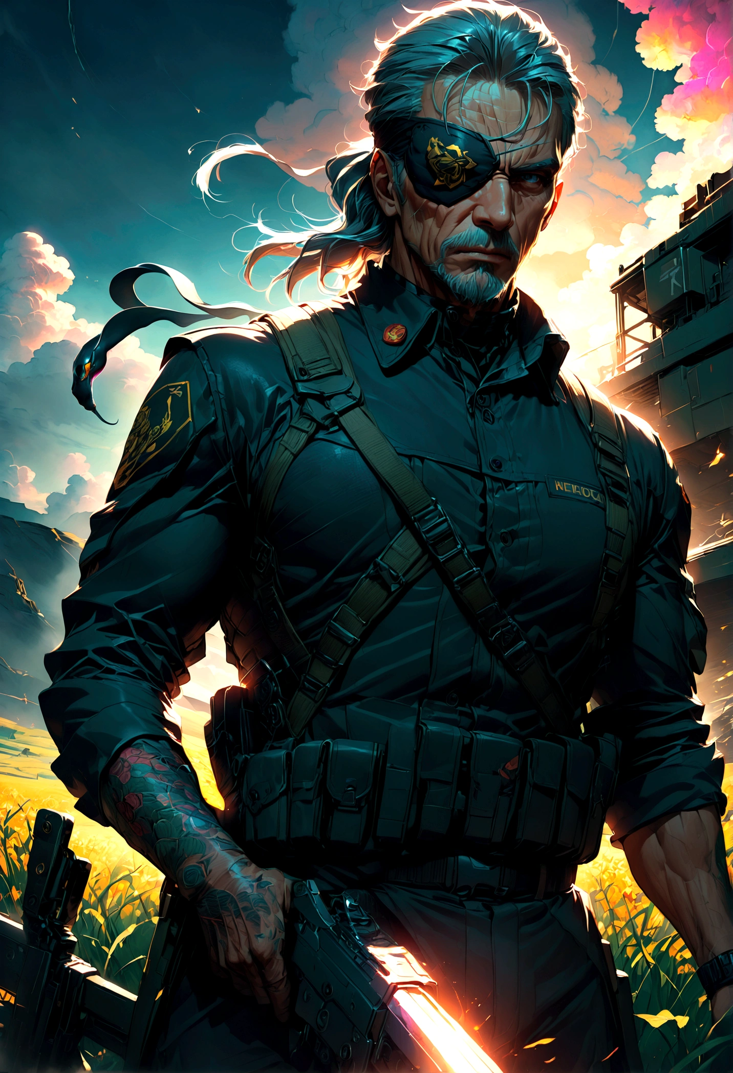 source_anime, 1boy, old man, named "Snake", soldier, "Metal Gear Solid", covered eyes, one eye patch, weapon, field, solo, male focus, anime screenshot, source_anime, dramatic composition, cinematic dynamic action scene, vibrant colors, cinematic lighting, dramatic lighting, best quality, masterpiece, very aesthetic, perfect composition, intricate details, ultra-detailed