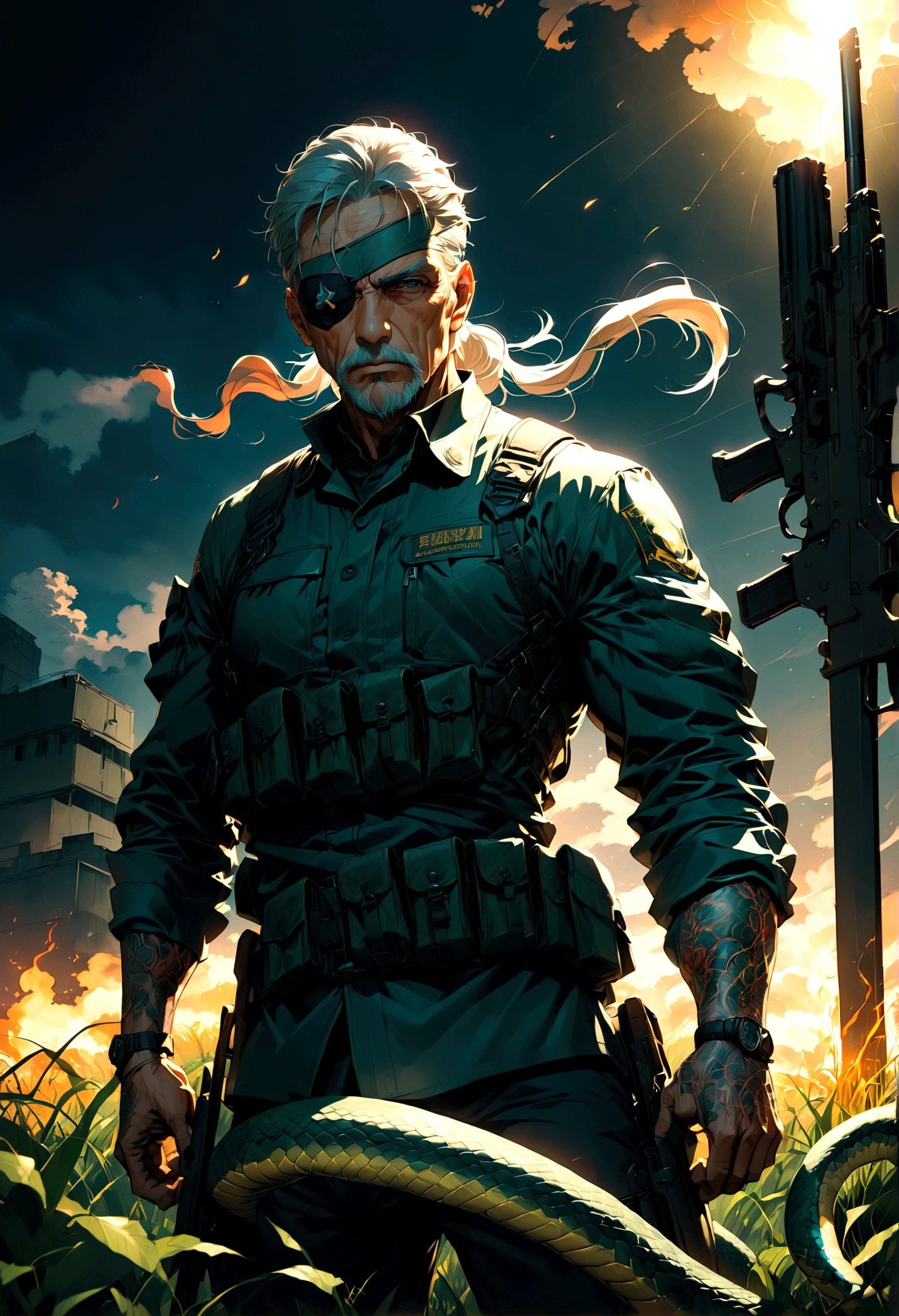 source_anime, 1boy, old man, named "Snake", soldier, "Metal Gear Solid", covered eyes, one eye patch, weapon, field, solo, male focus, anime screenshot, source_anime, dramatic composition, cinematic dynamic action scene, vibrant colors, cinematic lighting, dramatic lighting, best quality, masterpiece, very aesthetic, perfect composition, intricate details, ultra-detailed
