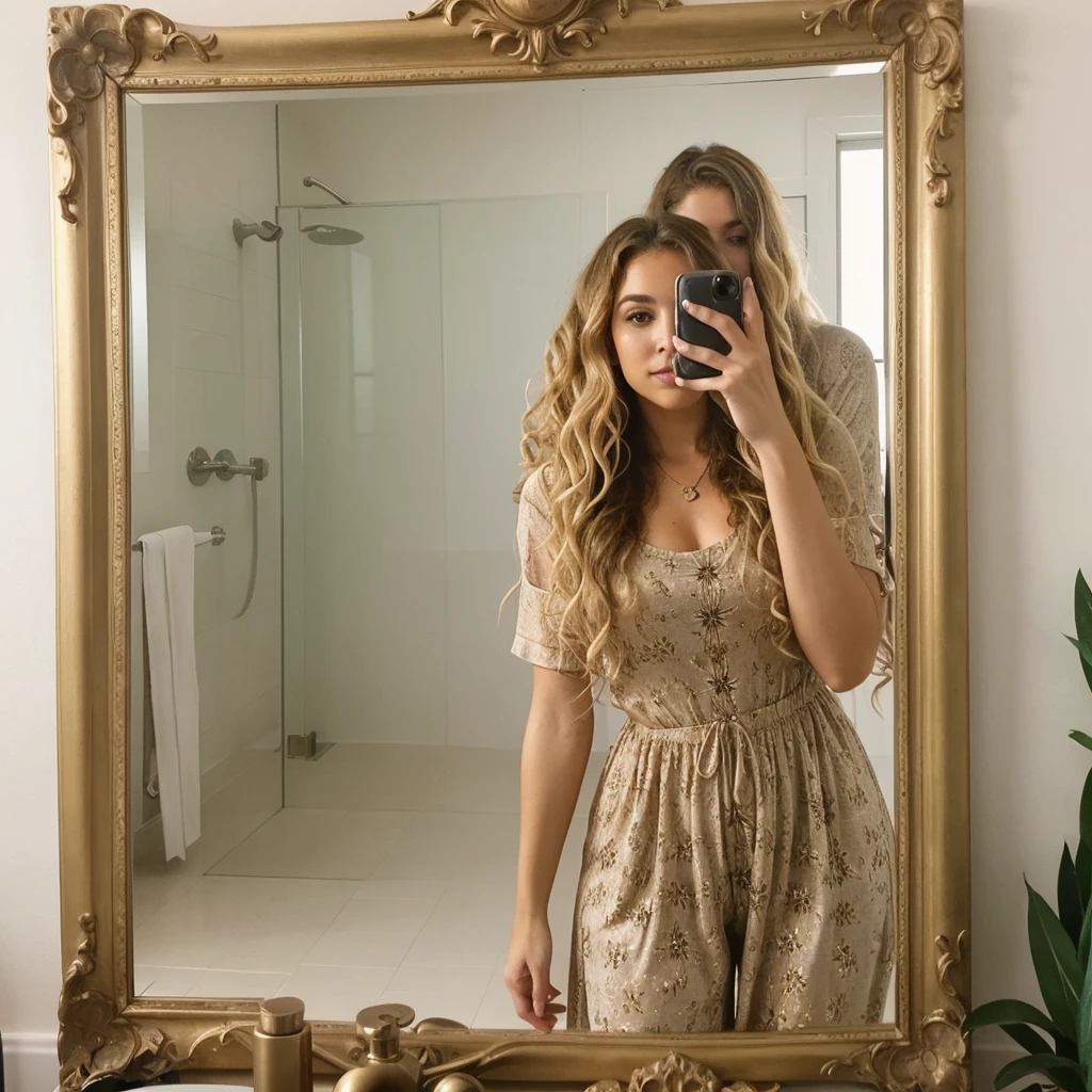 Woman with big curly blonde hair taking a photo of herself in a mirror Instagram photo style 
