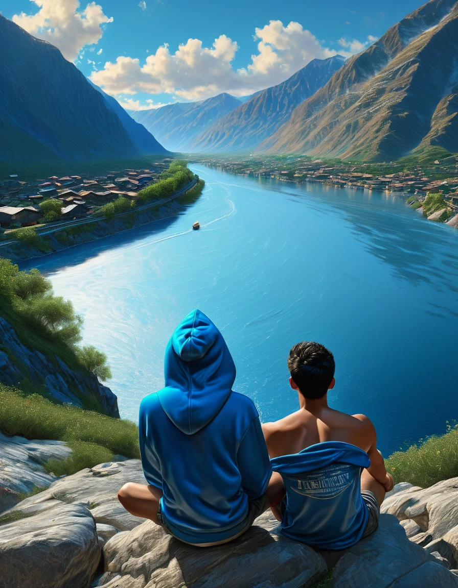 ((1 man full body wearing blue hoody, blue jeans, barefoot siting,)) (view from behind )), in henry scott tuke and Peter Paul Rubens art style, ultra detailed, ultra realistic, ambient lighting, becoming the subject composition, soft neutral colors, perfect components layout, perfect detailed feet, divine proportions, wide angle, fullbody, in henry scott tuke art style, ultradetailed, ultrarealistic, 8k resolution, HD, a 15 years old man, hairy, slighly hairy body, slender, detailed eyes, detailed feet, detailed nose, detailed lips, detailed chin, detailed ears, detailed muscles, blue eyes, shirtless, barefoot, handsome, masculine, detailed feet, detailed hands, gorgeous, , perefect anatomy, skinny detailed muscles man view from behind, a 15 years old latino man is siting by the river watching the sun rice wearing blue hoody, blue jeans, barefoot in the background, river, mountains, sun, clouds natural lighting, , high quality masterful still-life painting, oil painting, vibrant rich colors, atmospheric perspective, depth, illustration, intricate details, ultra high resolution, sharp details, sharp focus, 8k resolution Miki Asai Macro photography, fullbody, hyper detailed, trending on artstation, sharp focus, studio photo, intricate details, highly detailed, by greg rutkowski ,GO_pokemon,