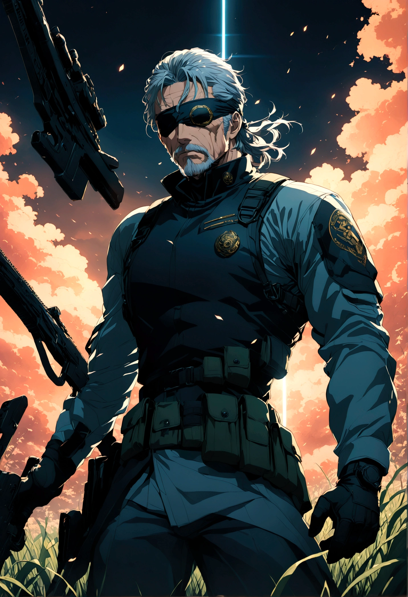 source_anime, 1boy, old man, named "Snake", soldier, "Metal Gear Solid", covered eyes, one eye patch, weapon, field, solo, male focus, anime screenshot, source_anime, dramatic composition, cinematic dynamic action scene, vibrant colors, cinematic lighting, dramatic lighting, best quality, masterpiece, very aesthetic, perfect composition, intricate details, ultra-detailed