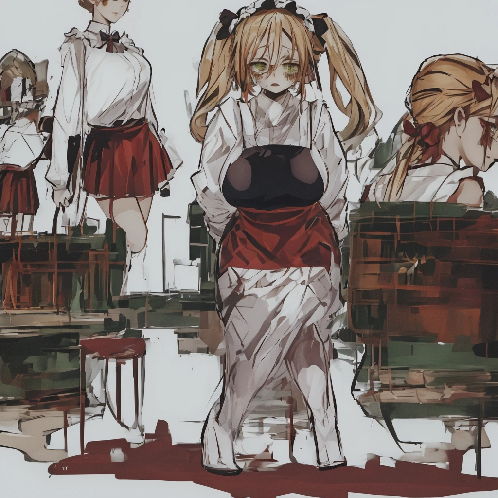 (white background:1.4), (Full Body: 1.2), 1girl, official, green eyes, love in eyes, double ponytail, bow hairpins, blushing, shyness, drooling, rolling eyes, white bow tie, maid outfit, long sleeves, miniskirt, big breasts, (((Juro and very elegant room)))