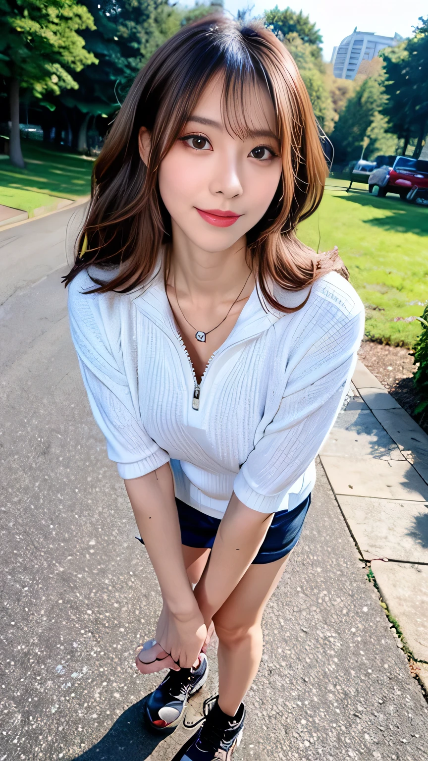 seed:4195271995,((Full Body Angle:1.１)),((Highest quality, 8K, masterpiece: 1.3)), concentrated: 1.2,Front hair:1.3, Cute girl 1,Nipples erect、 Perfect beauty: 1.4,Colorful ribbed knit half-zip T-shirt、Shorts,: 1.2,Randall Color、comics＆Text Graphics、Black,1.1, Highly detailed face and skin textures, Fine grain, double eyelid, whitening skin, ,Highest quality,Ultra-high resolution,you,1 girl,alone,_Shiny_skin,Iris,necklace,((brown_length_Wavy_hair)),(lips)),eyelash,Front hair,deal with,compensate,Shiny,pore,skin big breasts、smiling face、Front hair、Walking in the park、walk