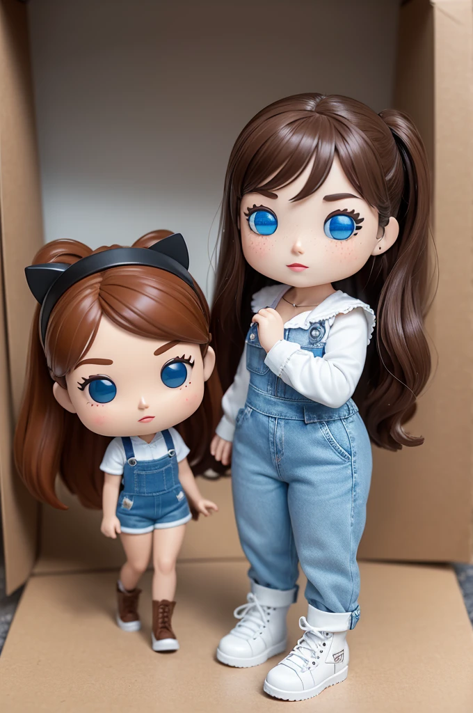 Make me a Funko Pop of a white girl with blue eyes, brown hair and freckles wearing a white blouse, a denim jumpsuit and combat boots with her box on the side with the name Wendy Avery