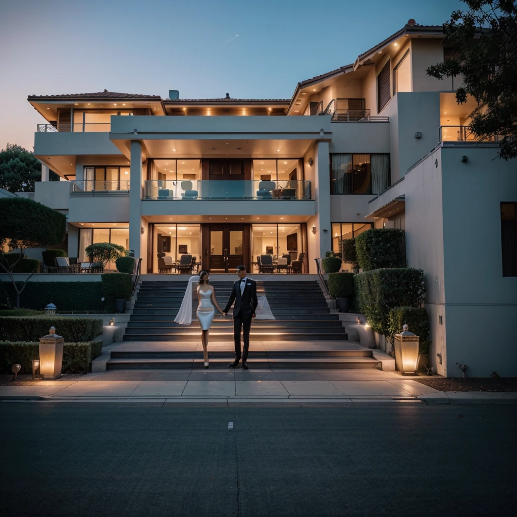 Envision a luxurious Los Angeles mansion at dusk, adorned with modern architecture and glowing lights, its expansive driveway lined with high-end cars and sports motorcycles. A sleek helicopter hovers above, casting a shadow over the scene, while luxurious yachts are moored at the private pier. An elegant couple stands in the foreground, dressed impeccably in evening wear, their eyes fixed on the horizon as the sun sets in vibrant hues, symbolizing a future brimming with success and opulence. Photography, using a full-frame DSLR with a wide-angle lens, capturing the scene's grandeur and vibrant colors, --ar 16:9 --v 5