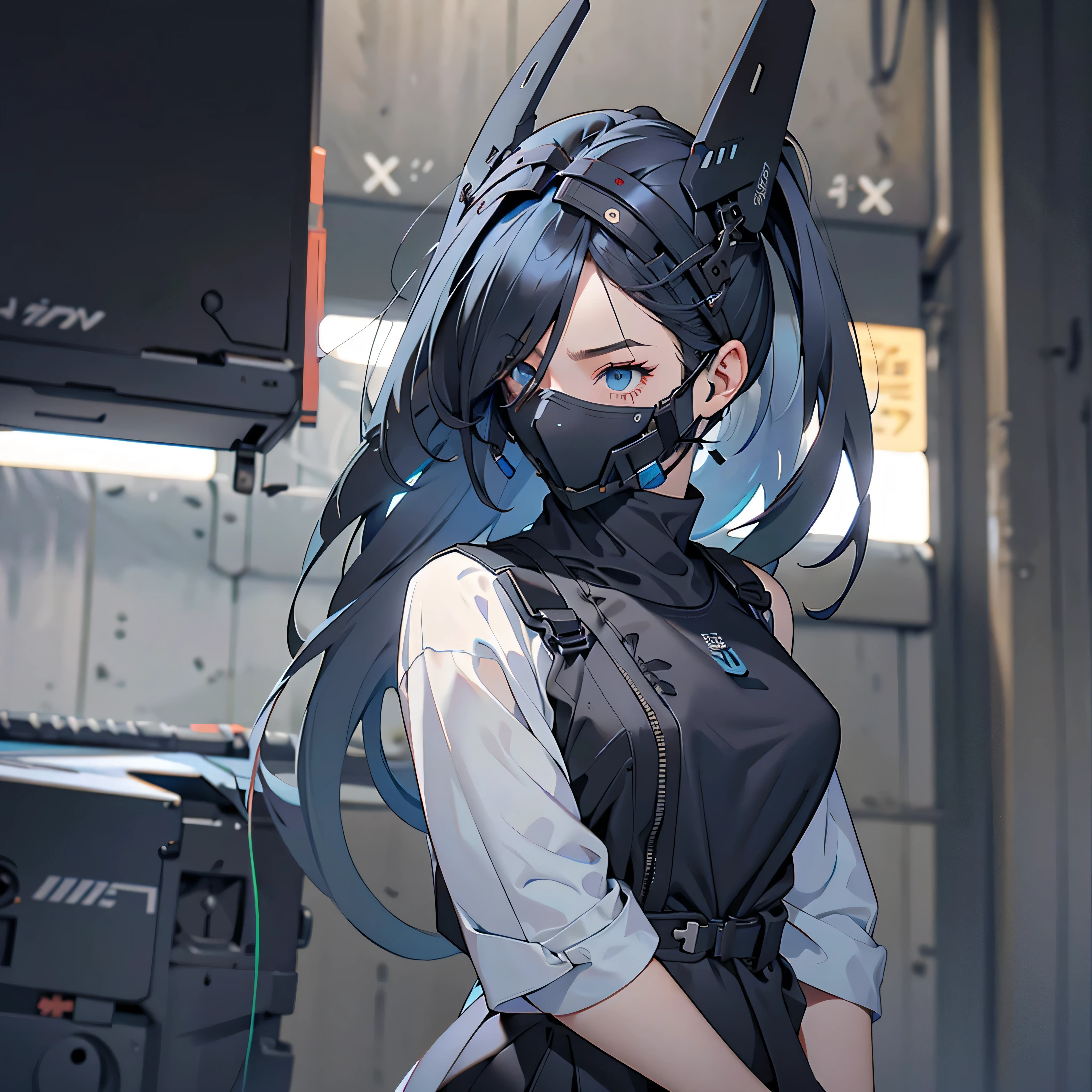 1girl, long blue twin tail hair, cyber helmet, covered face, black tank top, black cargo pants, mouth mask, covered mouth, Blur background, 8K, Hi-Res