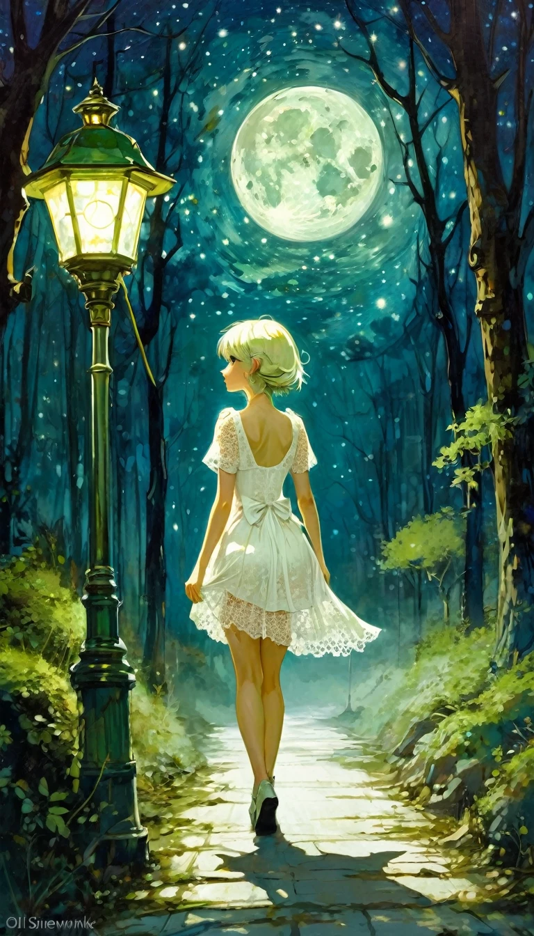 {green and white theme, fantasy world}, 1 girl, alone, alone, white lace dress, looking back, walking in the forest, house, tree, street lamp, moon, starry sky, bright, star\(symbol\ ), pixie, pixiv art, masterpiece, best quality, ultra detailed, whitetown (art inspired by Bill Sienkiewicz). oil painting)