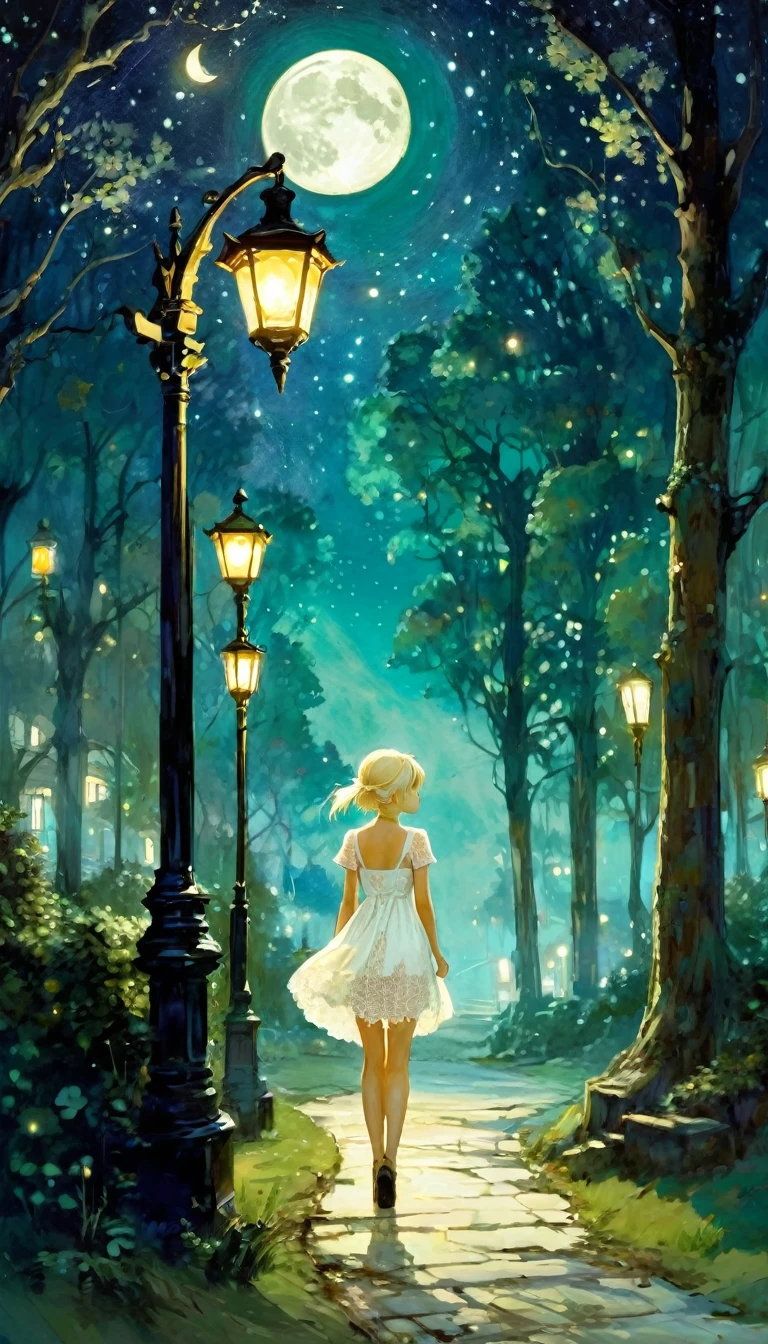 {green and white theme, fantasy world}, 1 girl, alone, alone, white lace dress, looking back, walking in the forest, house, tree, street lamp, moon, starry sky, bright, star\(symbol\ ), pixie, pixiv art, masterpiece, best quality, ultra detailed, whitetown (art inspired by Bill Sienkiewicz). oil painting)