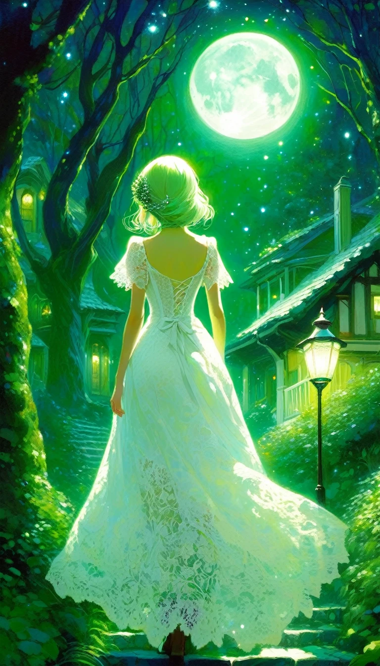 {green and white theme, fantasy world}, 1 girl, alone, alone, white lace dress, looking back, walking in the forest, house, tree, street lamp, moon, starry sky, bright, star\(symbol\ ), pixie, pixiv art, masterpiece, best quality, ultra detailed, whitetown (art inspired by Bill Sienkiewicz). oil painting)
