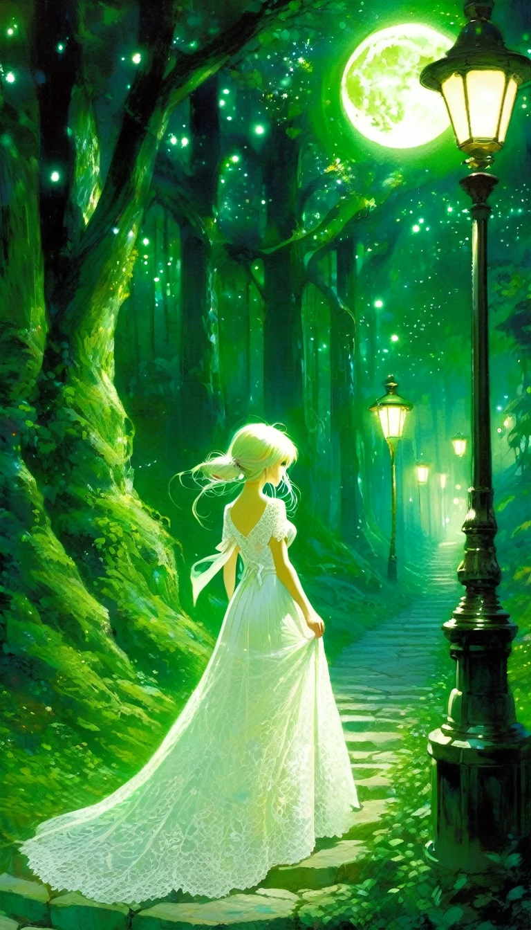 {green and white theme, fantasy world}, 1 girl, alone, alone, white lace dress, looking back, walking in the forest, house, tree, street lamp, moon, starry sky, bright, star\(symbol\ ), pixie, pixiv art, masterpiece, best quality, ultra detailed, whitetown (art inspired by Bill Sienkiewicz). oil painting)