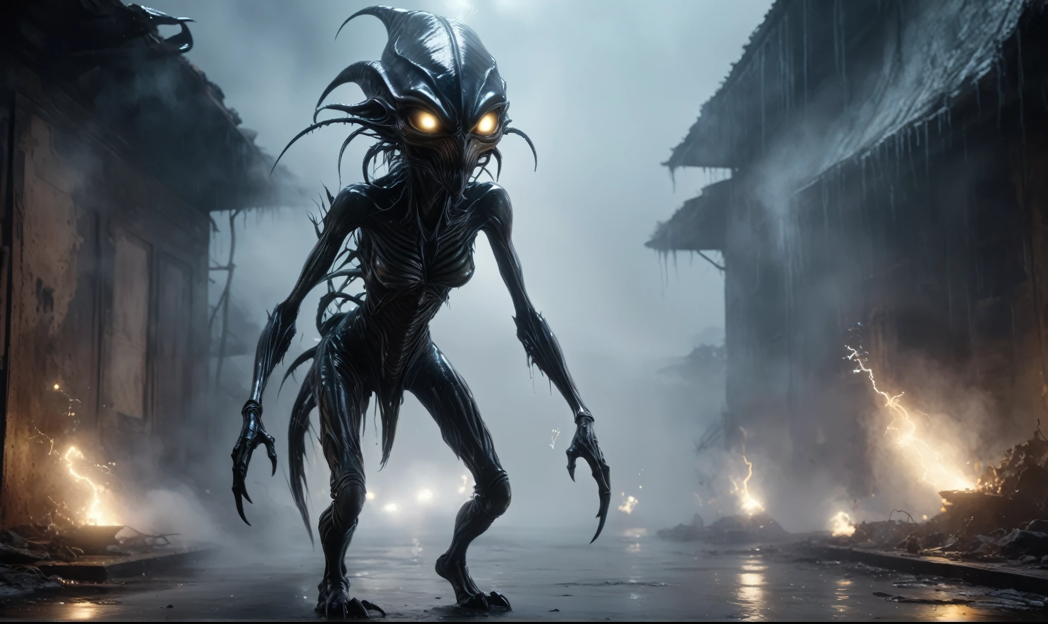 full body length,niobium goblin,native africa xenomorph,once pretty face,eyebrow up,full body shot,ominous landscape,niobium gray atmosphere,photo,photorealism,Masterpiece,natural skin textures, hyper realism,hyper detailed,High contrast,Realism,Ultra Detailed,irina yermolova,close full body shot,32K resolution,Nikon Z9, ,demonic, dust, smoke, audience, mist, featuring ultra-realistic and hyper-realistic elements,
  Marta Bevacqua, Ellen Jewett, Kawacy, Katsuya Terada, Carne Griffiths, explosive lightning, sparks, concert lighting,  bokeh,  luminal space that feels
 both bright and surreal. Includes liquid fluid elements for added depth and movement. Rendered in an unreal 
engine and post-processed to achieve . Evokes a sense of dreamy, ethereal 
and mystical mood,horror pixar movie still,thriller disney movie ,pixar render, animated 