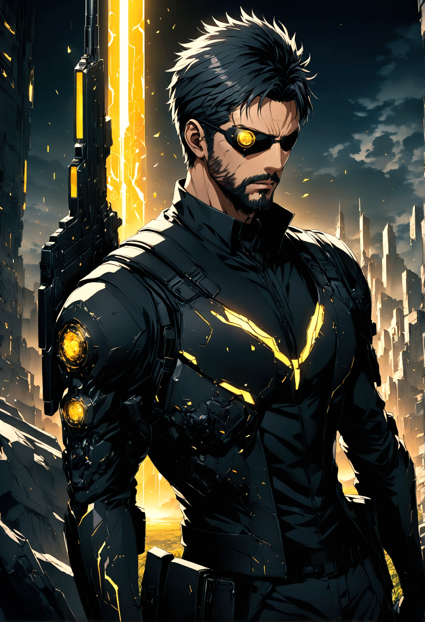 source_anime, 1boy, Adam Jensen, soldier, "Deus Ex", covered eyes, eye patch, weapon, field, solo, male focus, anime screenshot, source_anime, dramatic composition, cinematic dynamic action scene, vibrant colors, cinematic lighting, dramatic lighting, best quality, masterpiece, very aesthetic, perfect composition, intricate details, ultra-detailed