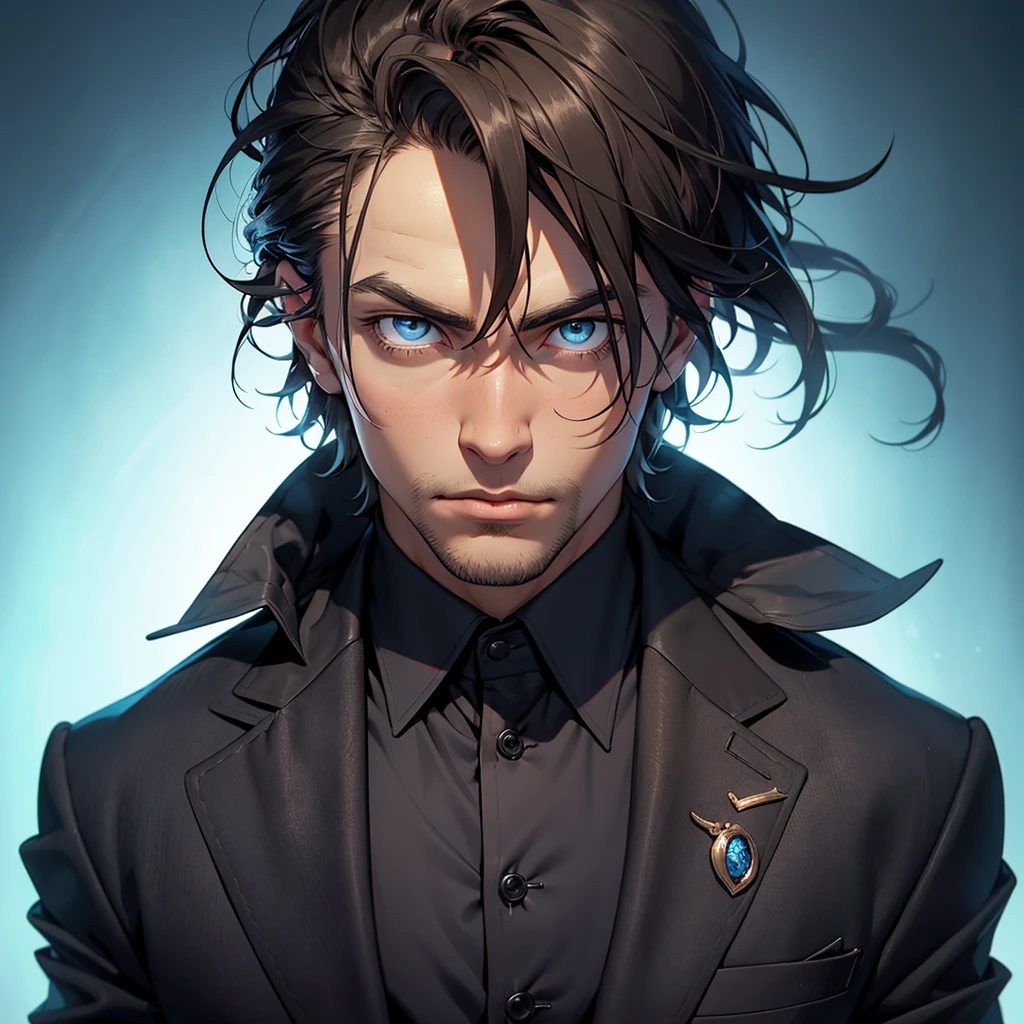 portrait. Half body.look back. A man in a suit has his back to the camera. handsome,Dark portrait. 8K quality., Raw Work, (brown hair),(blue eyes), (Black suit), (background: great black dragon)