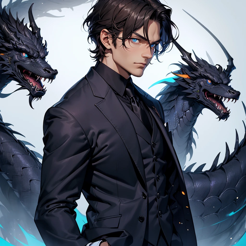 portrait. Half body.look back. A man in a suit has his back to the camera. handsome,Dark portrait. 8K quality., Raw Work, (brown hair),(blue eyes), (Black suit), (background: great black dragon)