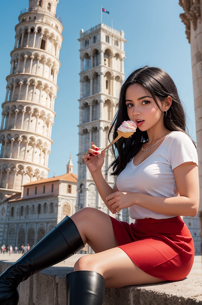 Personagem pix Disney , garota com cabelo comprido de cor castanho escuro partido no meio ,olhos castanhos escuro e boca carnuda e vermelha, usando camisa preta , red skirt and black boots Eating ice cream in front of the Tower of Pisa in Italy.
