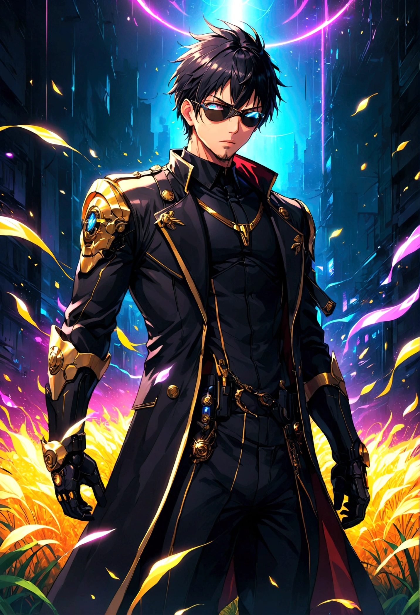 source_anime, 1boy, Adam Jensen, soldier, "Deus Ex", covered eyes, eye patch, weapon, field, solo, male focus, anime screenshot, source_anime, dramatic composition, cinematic dynamic action scene, vibrant colors, cinematic lighting, dramatic lighting, best quality, masterpiece, very aesthetic, perfect composition, intricate details, ultra-detailed