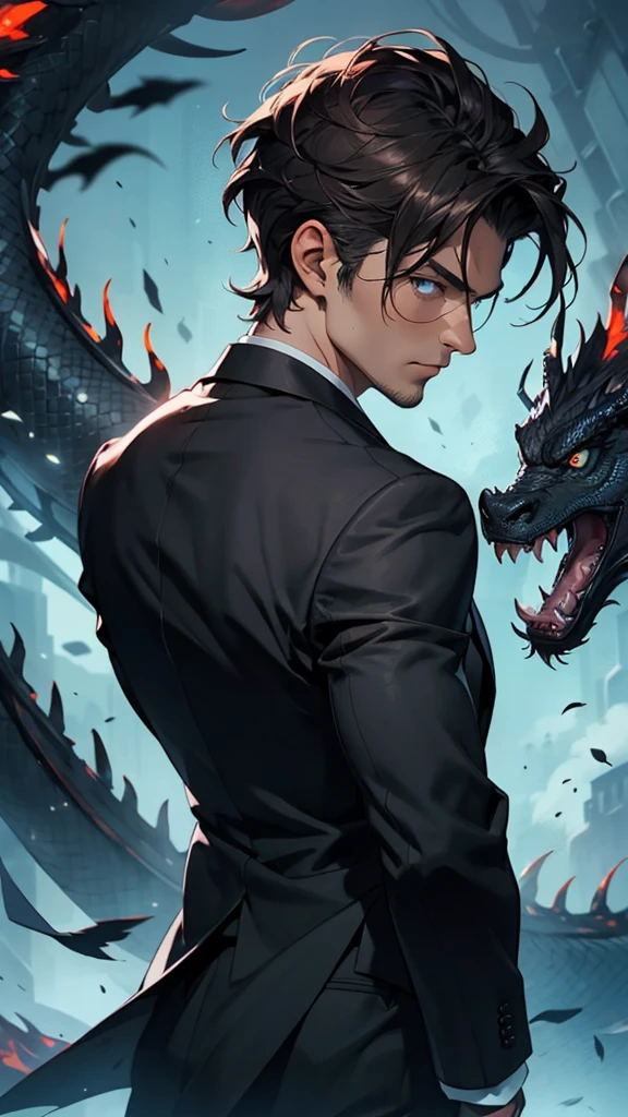 portrait. Half body.look back. A man in a suit has his back to the camera. handsome,Dark portrait. 8K quality., Raw Work, (brown hair),(blue eyes), (Black suit), (background: great black dragon)