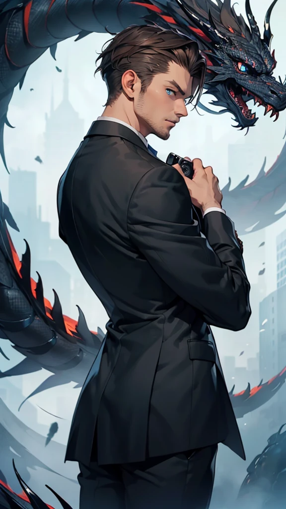 portrait. Half body.look back. A man in a suit has his back to the camera. handsome,Dark portrait. 8K quality., Raw Work, (brown hair),(blue eyes), (Black suit), (background: great black dragon)