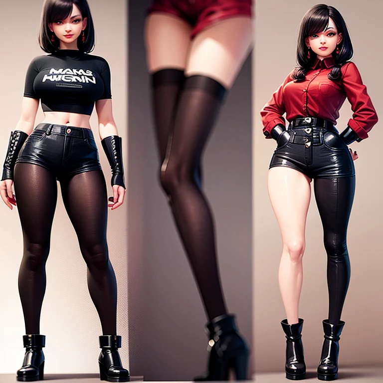 A front and back full body view of a female model in a punk-inspired outfit. The girl is depicted in a playful and vibrant manner, similar to the style shown in the reference image. She wears a High-waisted jeans with a crop top, flannel shirt, and combat boots. Her hair is styled in edgy punk manner, and she has a friendly and approachable expression. The front view shows her standing confidently, while the back view highlights the details of her outfit and hairstyle. The overall design is clean and colorful. Highly detailed, 8k, smooth, sharp focus, trending on artstation, digital painting, by Stanley Artgerm Lau, WLOP, Rossdraws, James Jean, Andrei Riabovitchev, Marc Simonetti, and Sakimichan, 