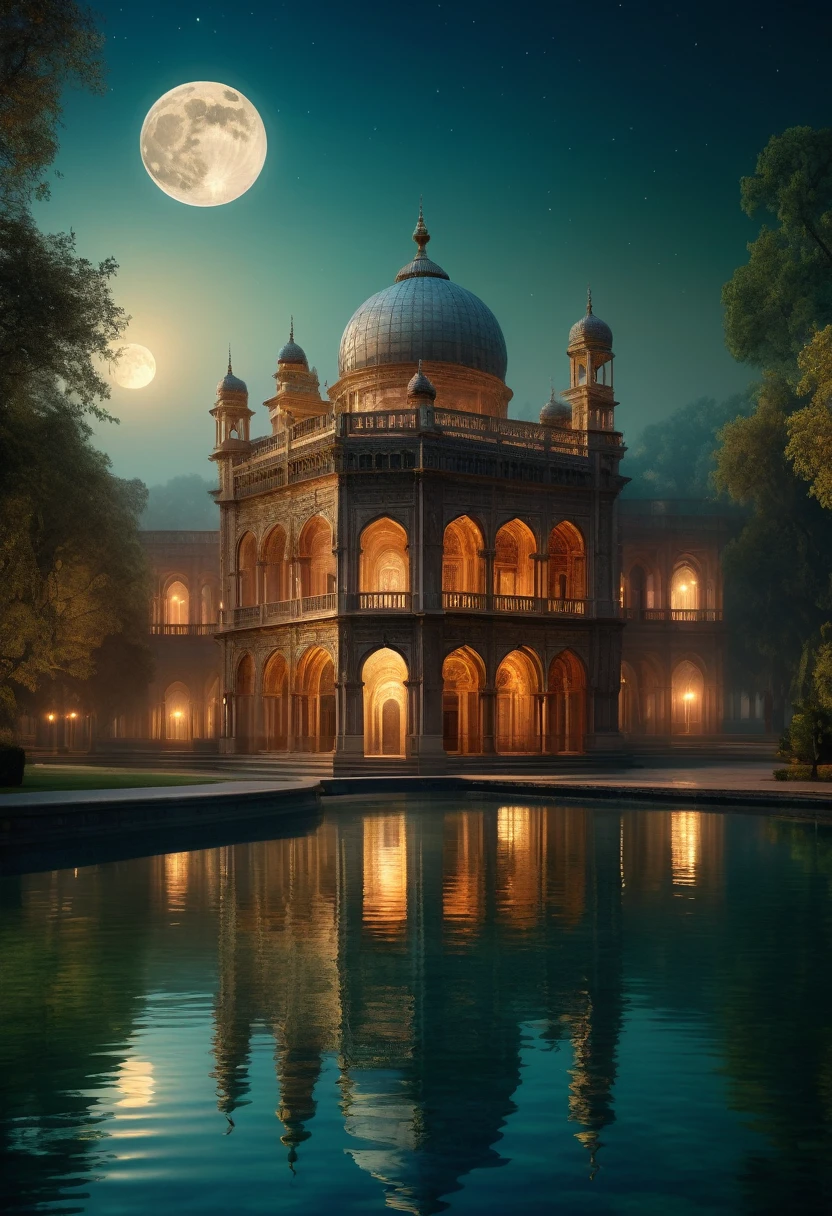 Palace by the lake, full moon and heat haze combine, mystical atmosphere, ornate palace, reflective water, ultrahigh definition, 3D depth, inspired by Leonardo da Vinci, Rembrandt, J.M.W. Turner, mesquite